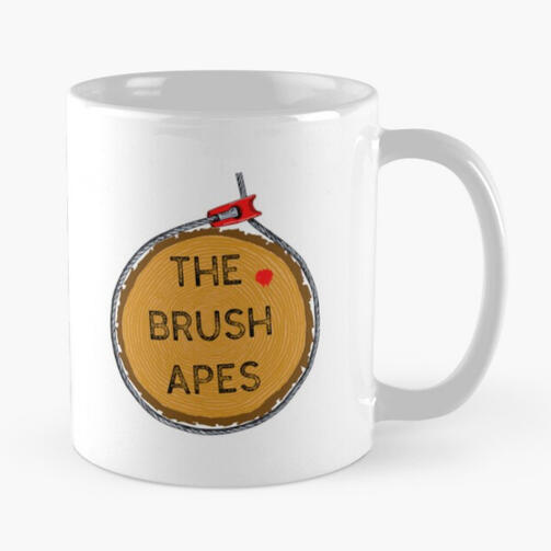 Untitled The Brush Apes logo on a white ceramic coffee mug.